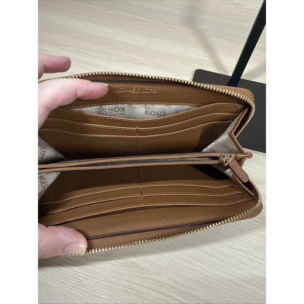 Michael Kors Monogram Jet Set Zip Around Wallet Green Brown 4x8 Canvas & Leather - Picture 5 of 8